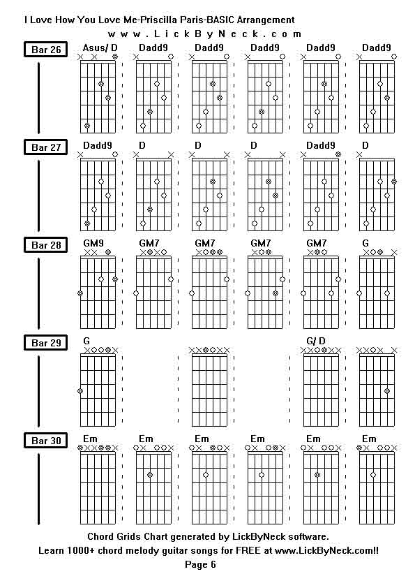 Chord Grids Chart of chord melody fingerstyle guitar song-I Love How You Love Me-Priscilla Paris-BASIC Arrangement,generated by LickByNeck software.